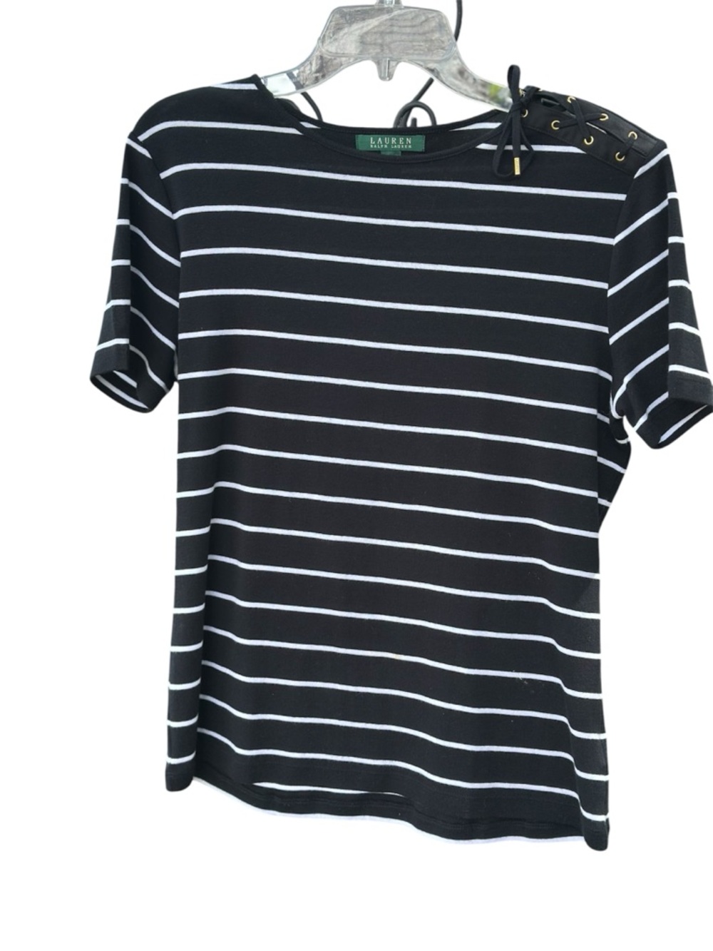 Ralph Lauren Black Tee w/ White Stripes- Cotton- Large- Shoulder Lace up